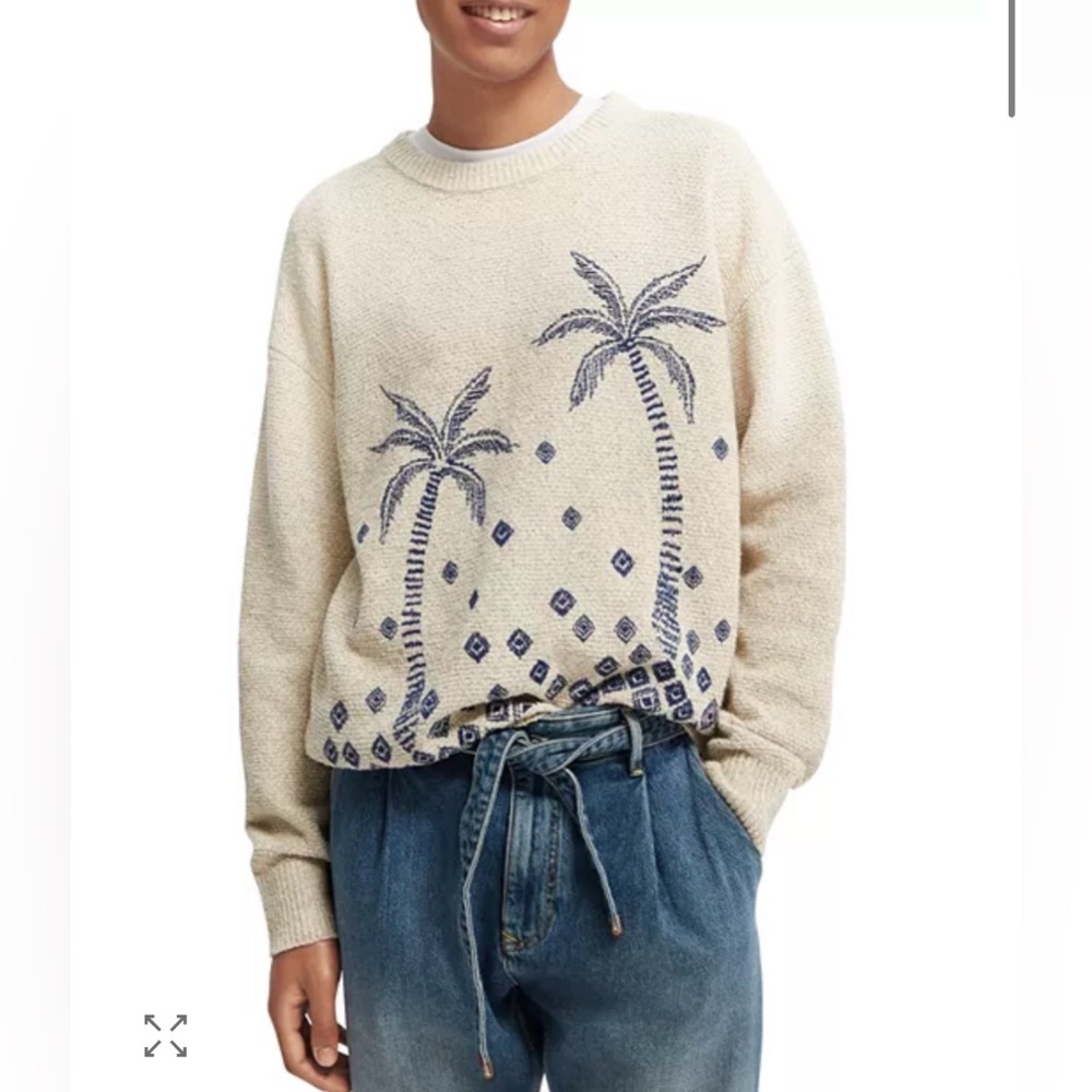 ⬇️⭐️ Scotch & Soda Textured Palm Tree Embroidered Regular Fit Crewneck Sweater L